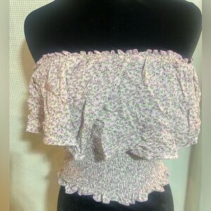 Hem & Thread Lavender Floral Off-Shoulder Smocked Crop Top-NWOT